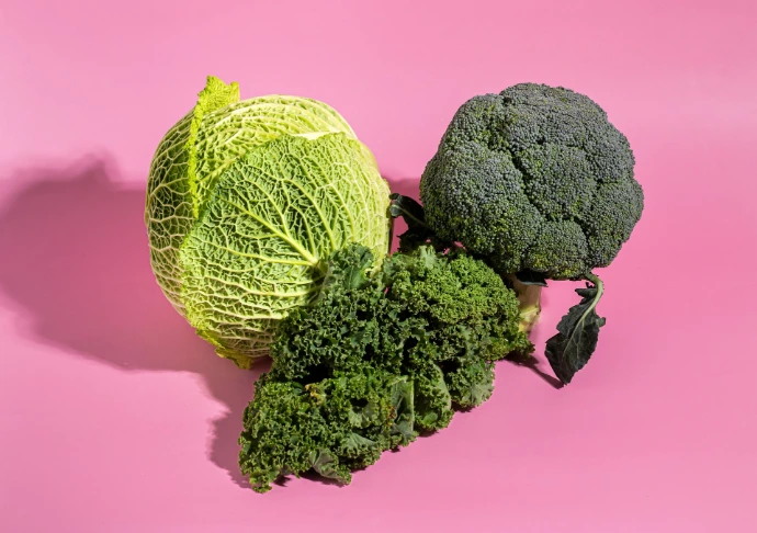 a head of broccoli and a head of cabbage on a pink background